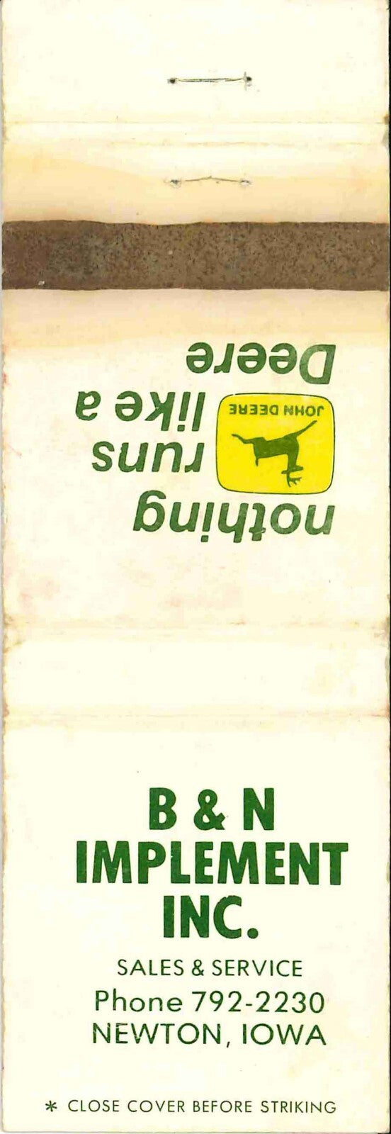 John Deere Matchbook Cover 2 Leg B N Imp Newton IA