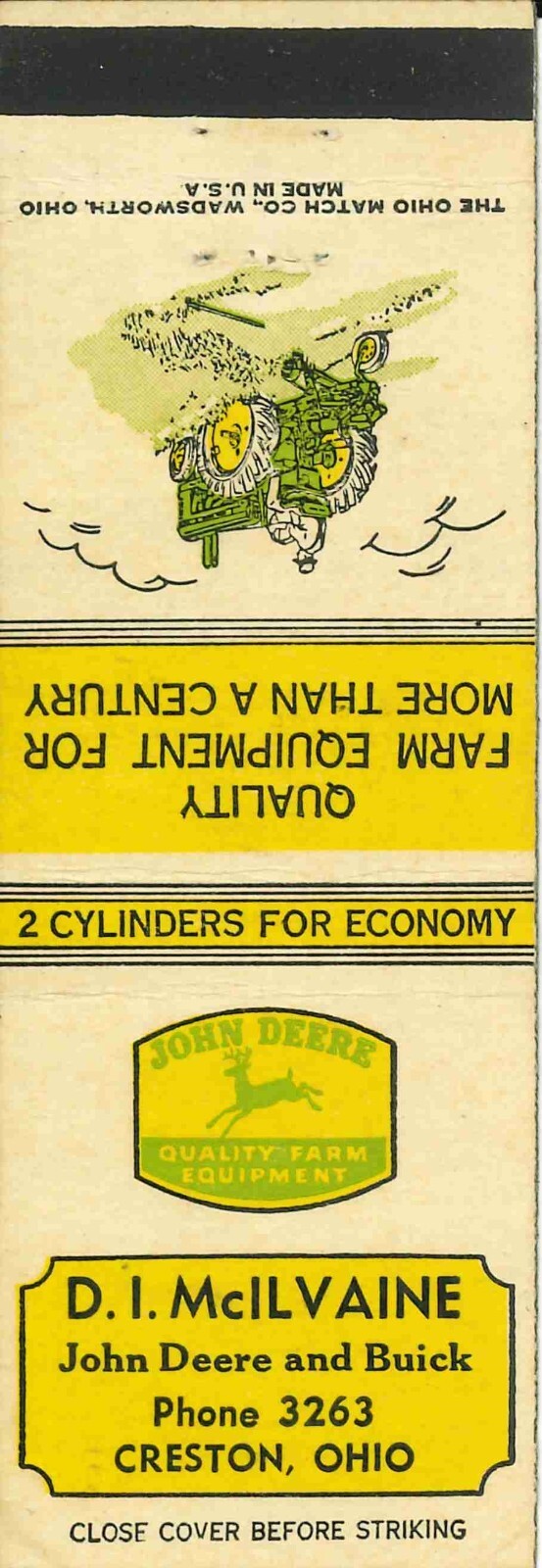 John Deere Matchbook Cover A w/ Mower D I McIlvaine Creston Ohio