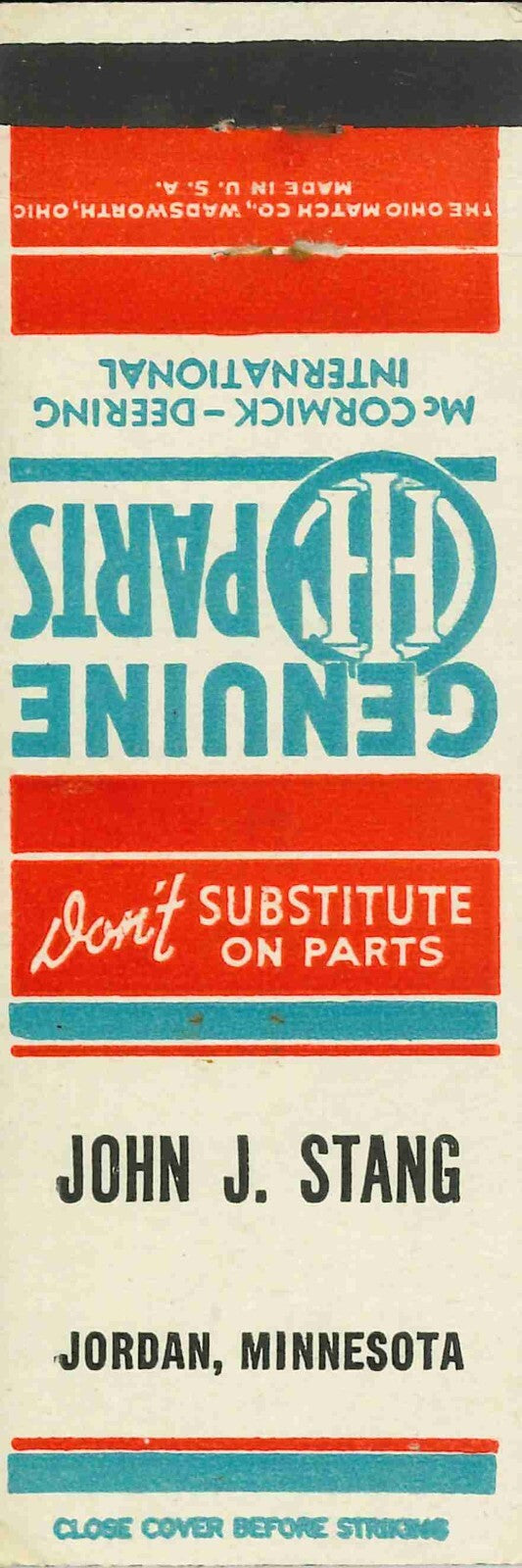 Matchbook Cover International Harvester Parts John J Stang Jordan Minnesota