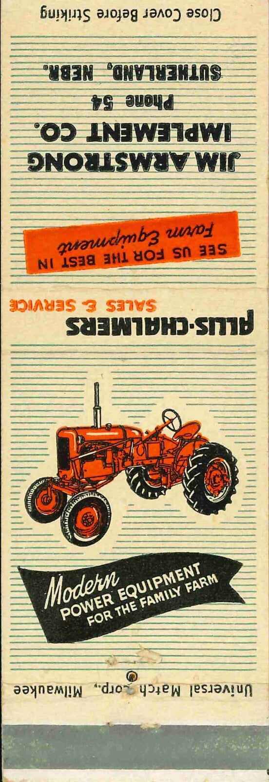 Matchbook Cover Allis Chalmers Jim Armstrong Imp Co Sutherland Nebraska