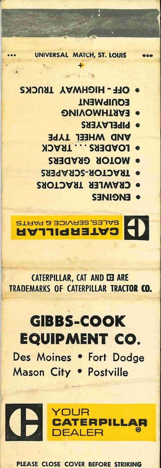 Matchbook Cover Caterpillar Gibbs Cook Iowa